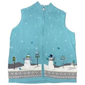 Blue Snowman Scene Embroidery Zip Close Sweater Vest CJ Banks Size Lg- 1X